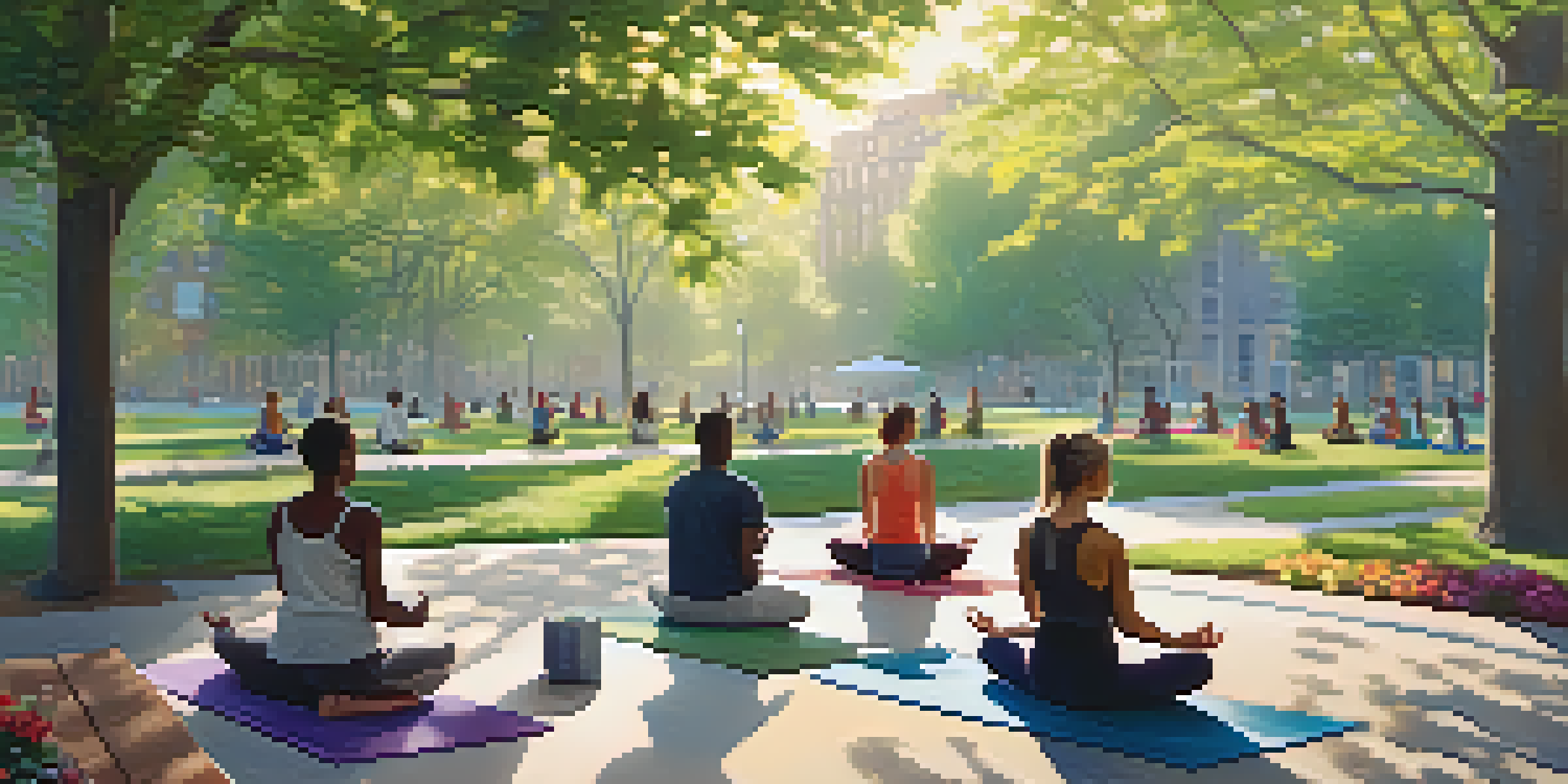 A peaceful urban park in New York City with diverse individuals practicing yoga and meditating, surrounded by lush greenery and morning sunlight.