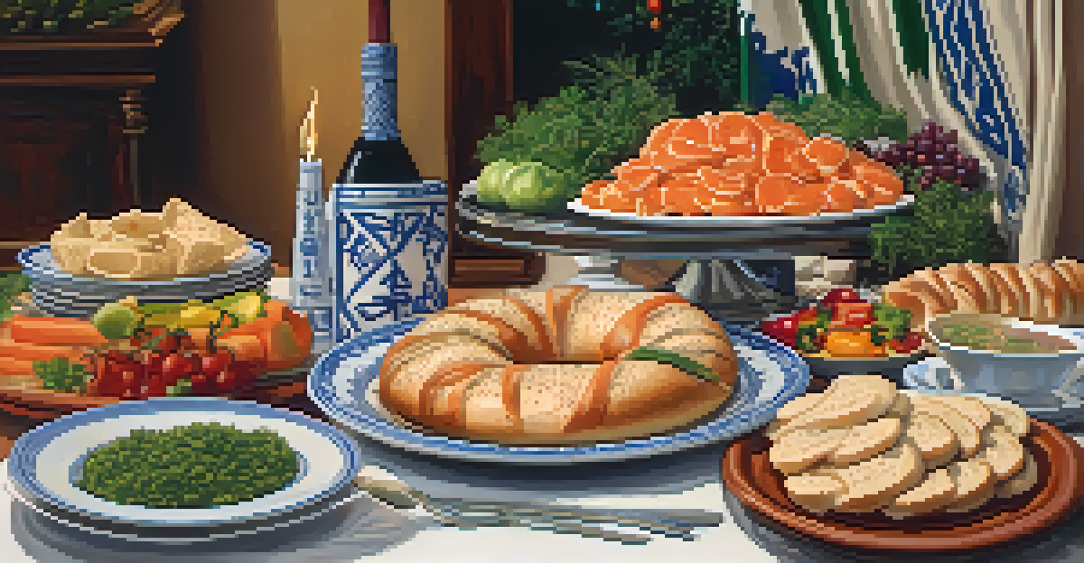 A traditional Jewish deli table set for a holiday meal, featuring bagels, lox, and matzo ball soup.