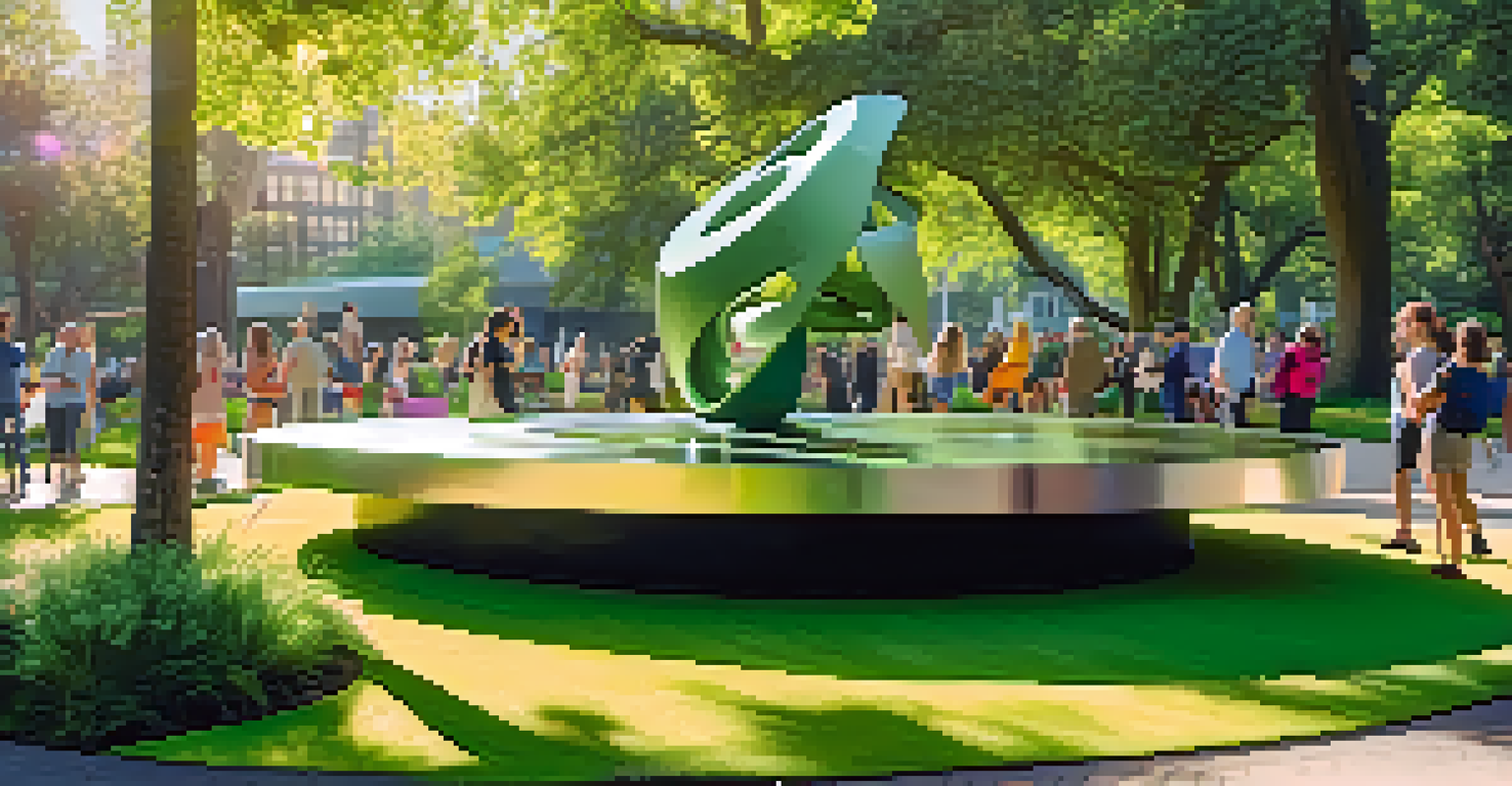 An abstract sculpture made of recycled materials in a green urban park, with people interacting with the art.