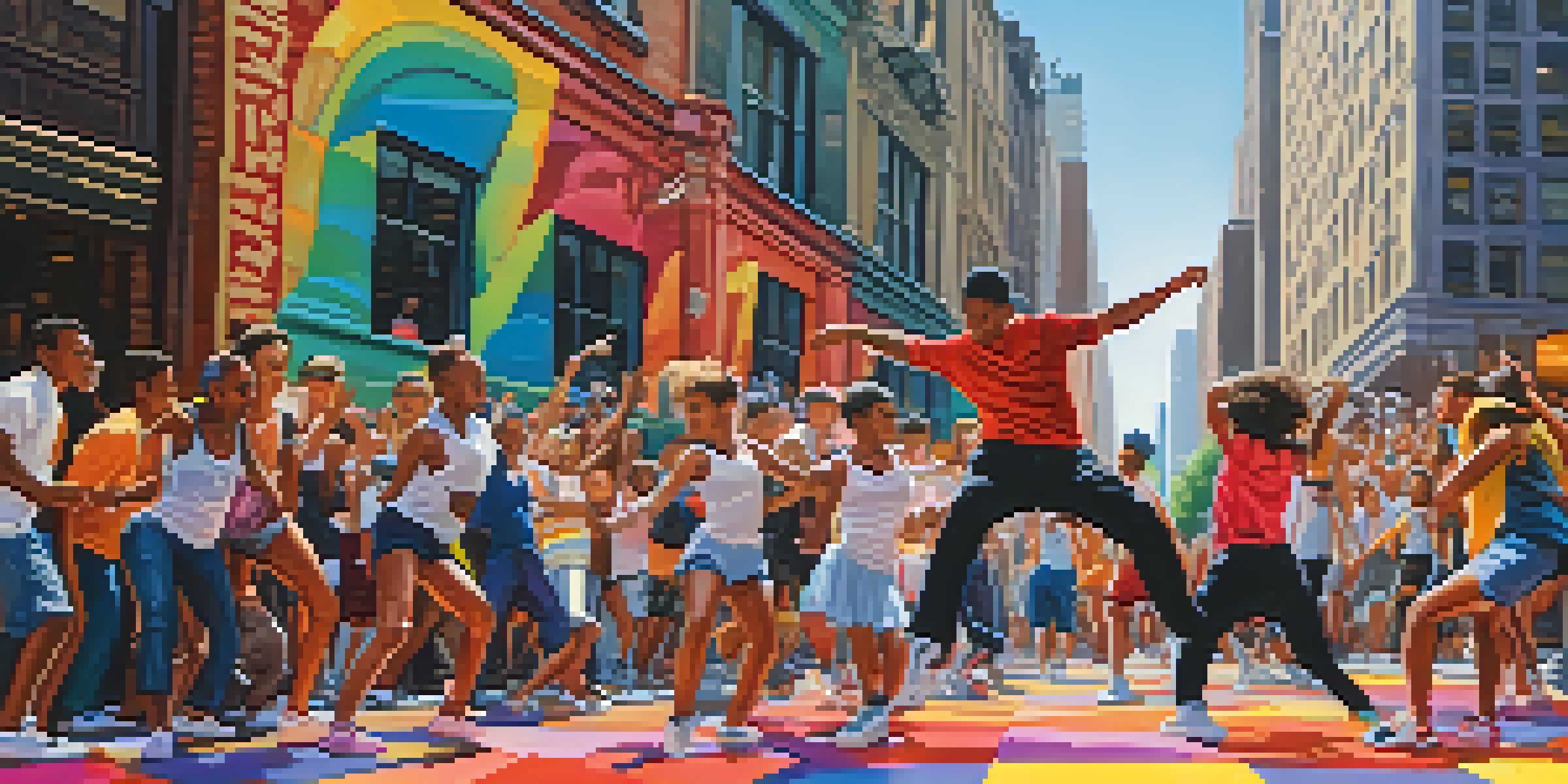 A lively group of diverse young dancers performing breakdancing on a graffiti-covered street in New York City, surrounded by enthusiastic spectators.