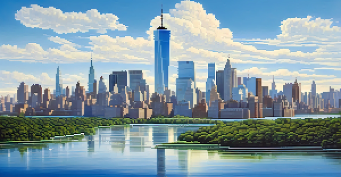 A panoramic view of New York City's skyline, showcasing the water supply system with reservoirs and skyscrapers.