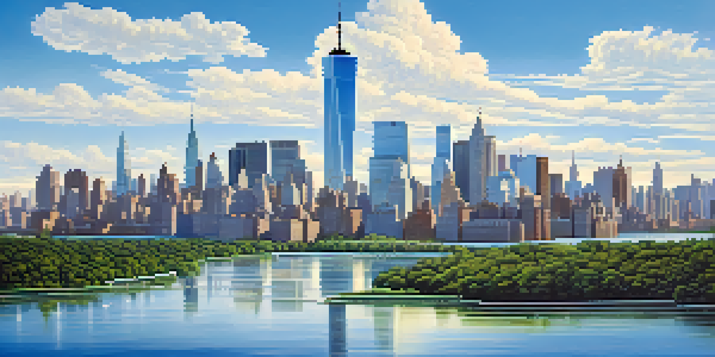 A panoramic view of New York City's skyline, showcasing the water supply system with reservoirs and skyscrapers.