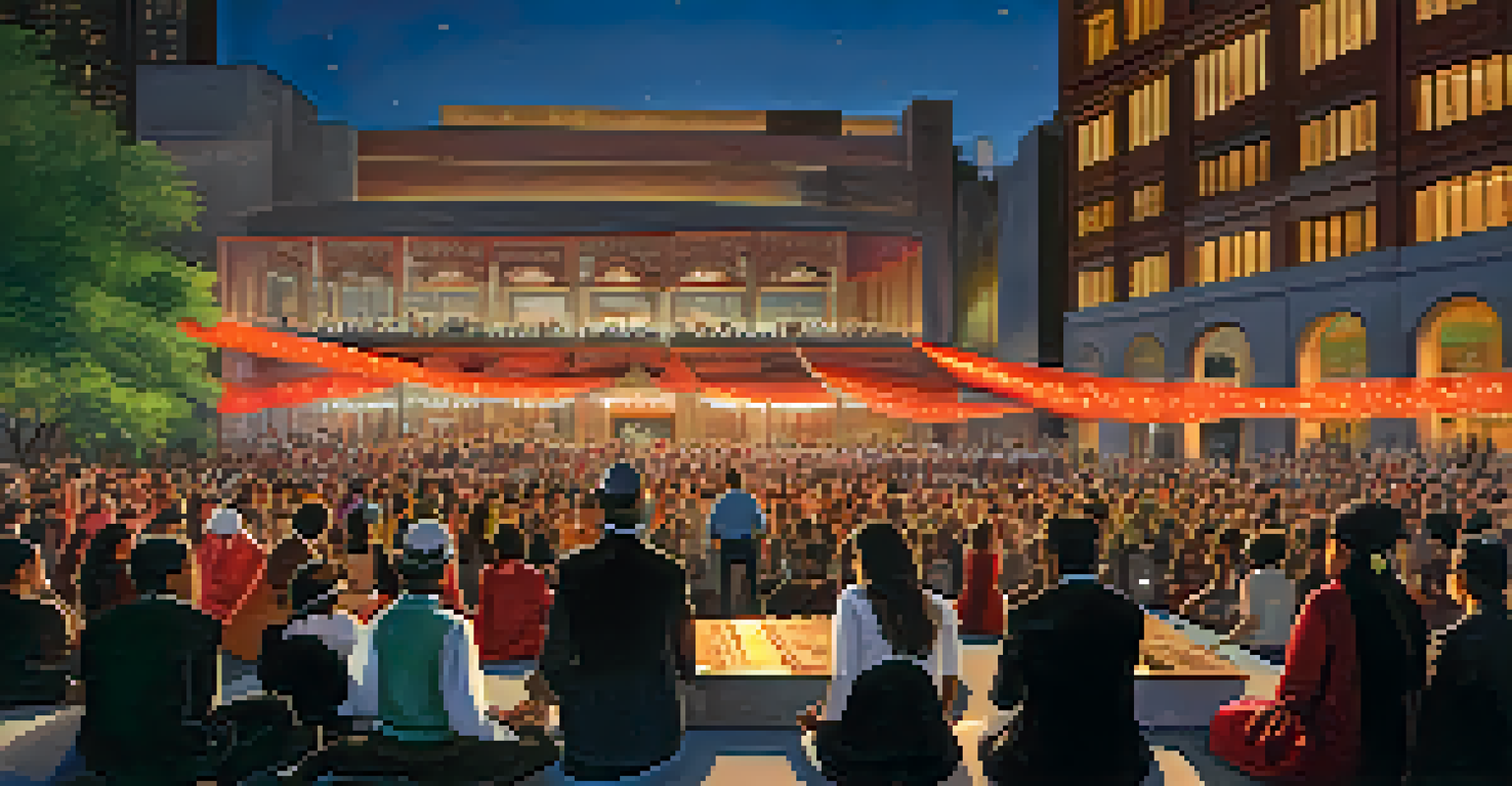 An outdoor performance at Lincoln Center featuring diverse artists and a vibrant audience, celebrating cultural fusion.