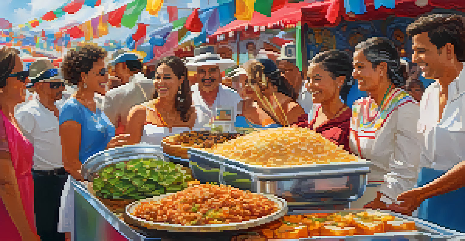 A colorful display of traditional Puerto Rican foods including lechón and tembleque at a parade vendor stall, with attendees enjoying the celebration.