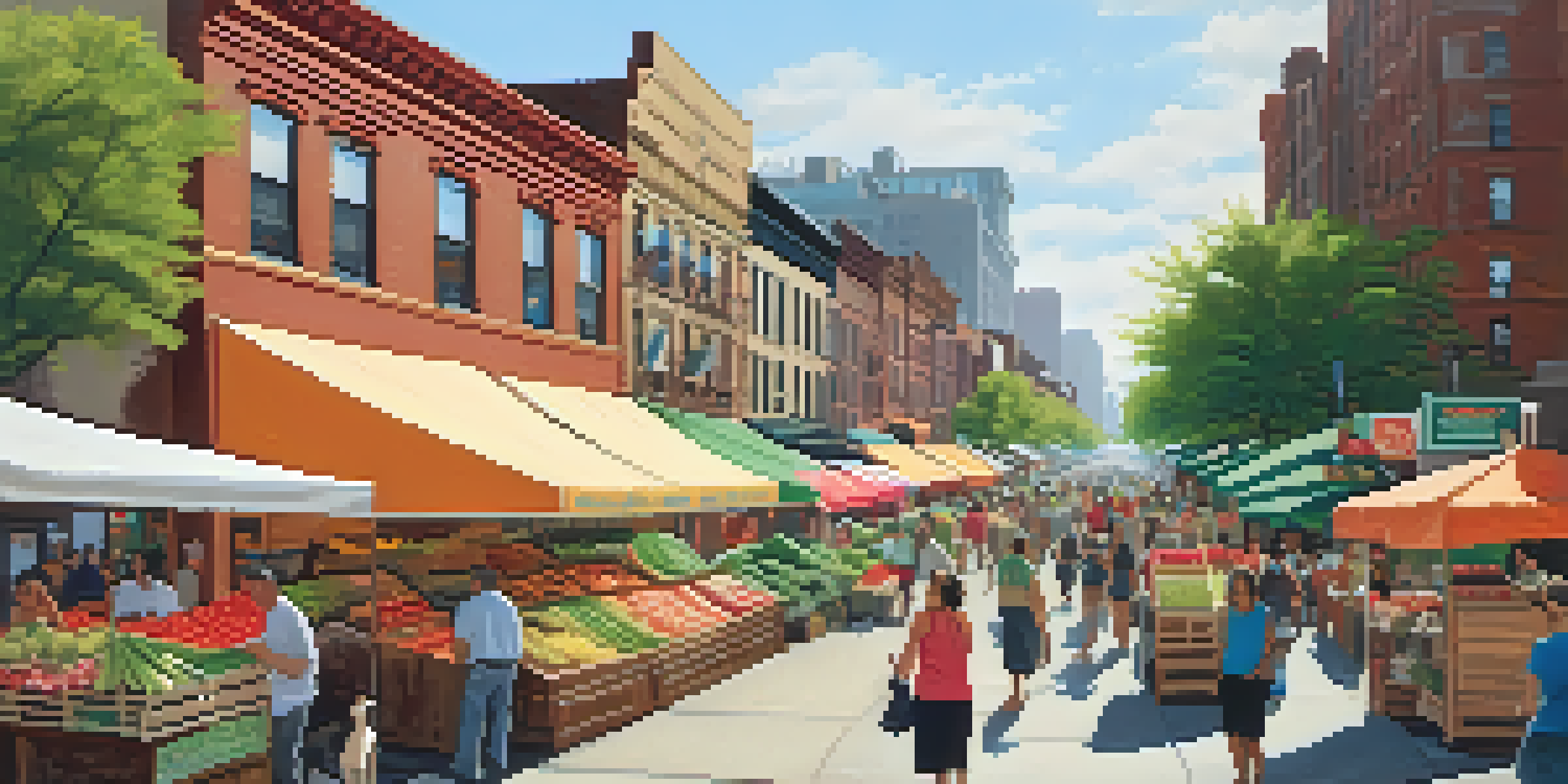 A busy market scene in Jackson Heights, NYC, showcasing colorful stalls and diverse shoppers in bright sunlight.