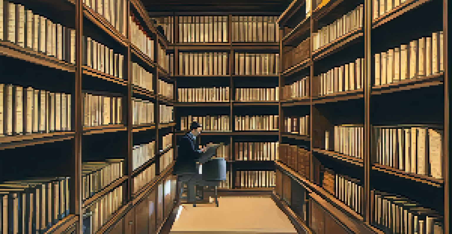 An interior room of a historical archive filled with shelves of old manuscripts and photographs, with a researcher examining a fragile document under warm lighting.