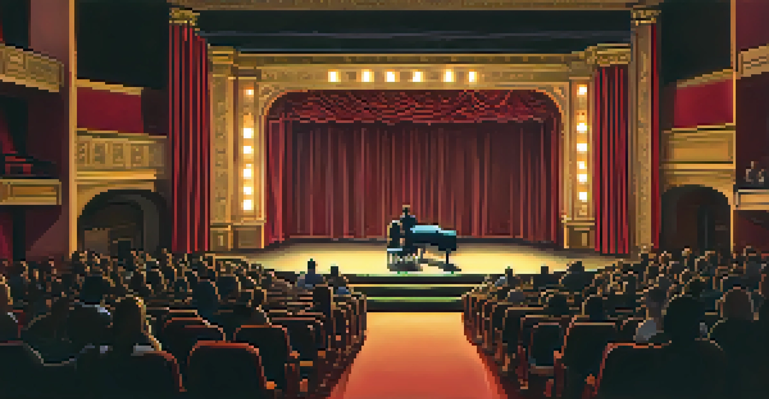 An intimate Off-Broadway theater with a small stage and cozy seating, warm lighting, and an audience waiting for a performance to begin.