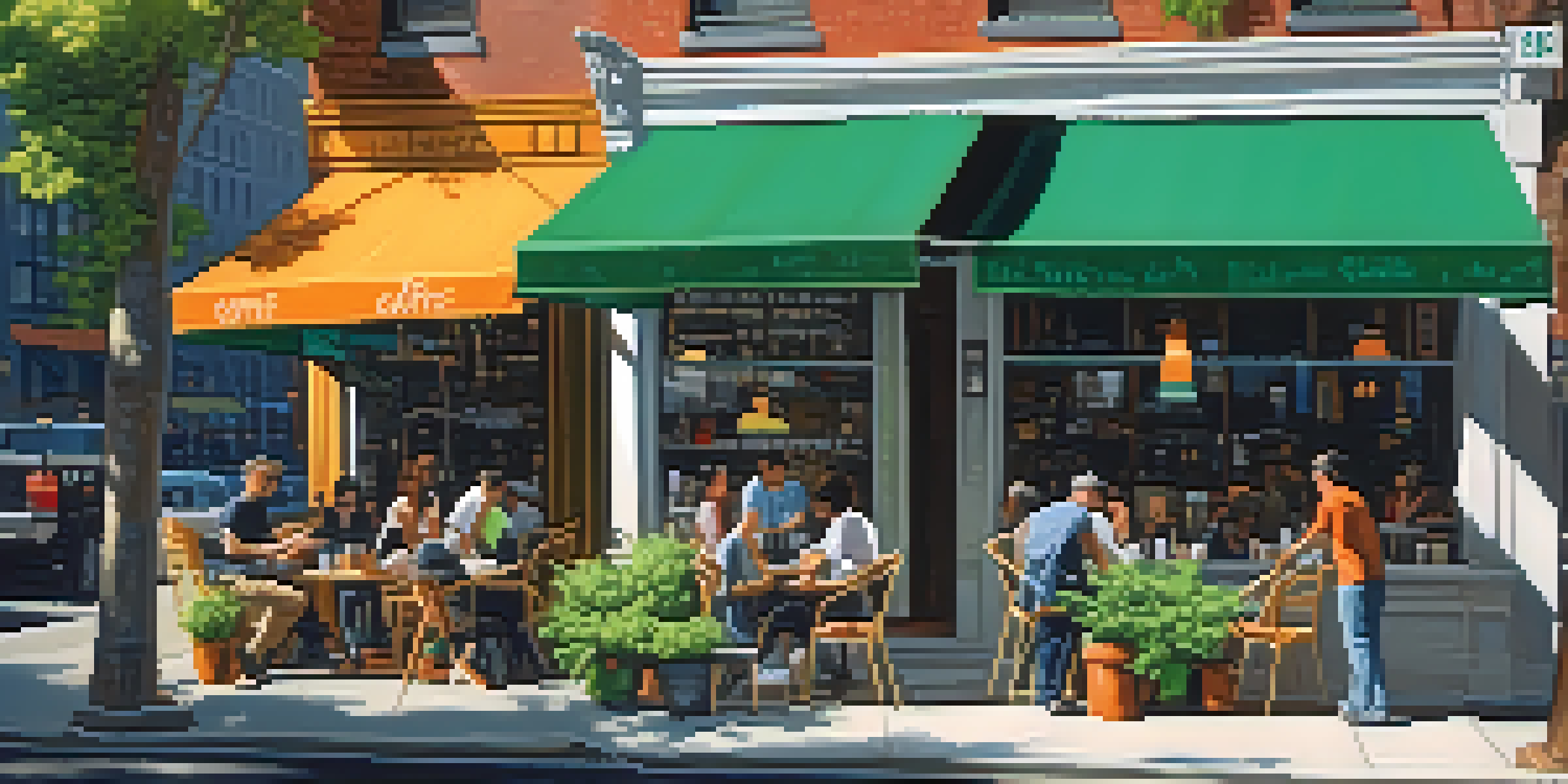 A busy coffee shop in New York City with people walking by and enjoying outdoor seating under a sunny sky.