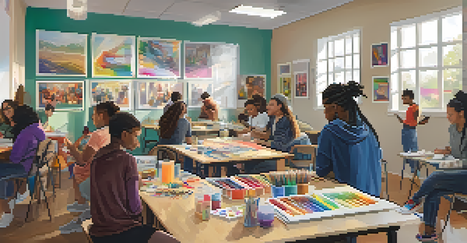 A warm community center where LGBTQ+ youth are participating in a creative workshop, surrounded by art supplies and vibrant artwork.