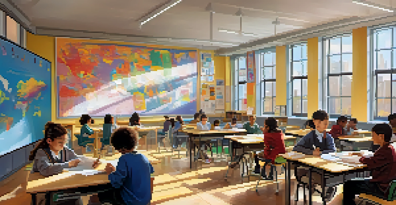 A classroom in a New York City public school with a teacher and diverse students collaborating on a STEAM project, filled with educational materials and sunlight.