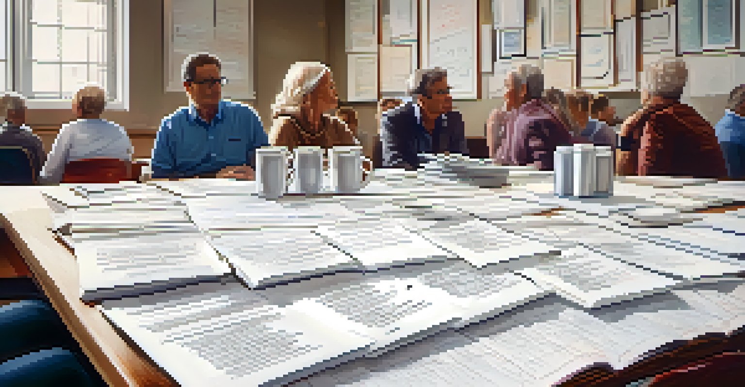 A close-up of a community board meeting agenda on a table with coffee cups and notepads.