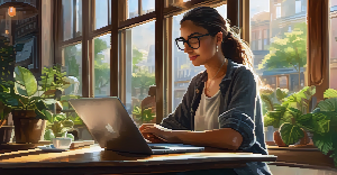 A young woman with glasses working on her laptop in a cozy cafe, surrounded by plants and sunlight.