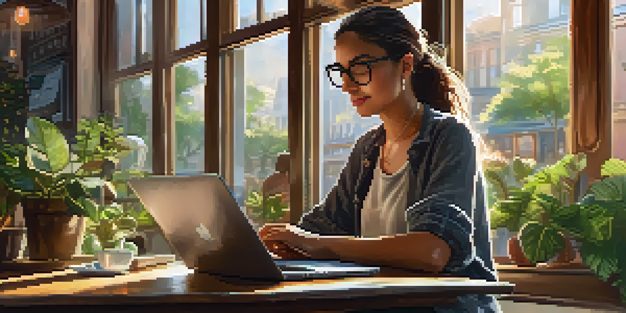 A young woman with glasses working on her laptop in a cozy cafe, surrounded by plants and sunlight.