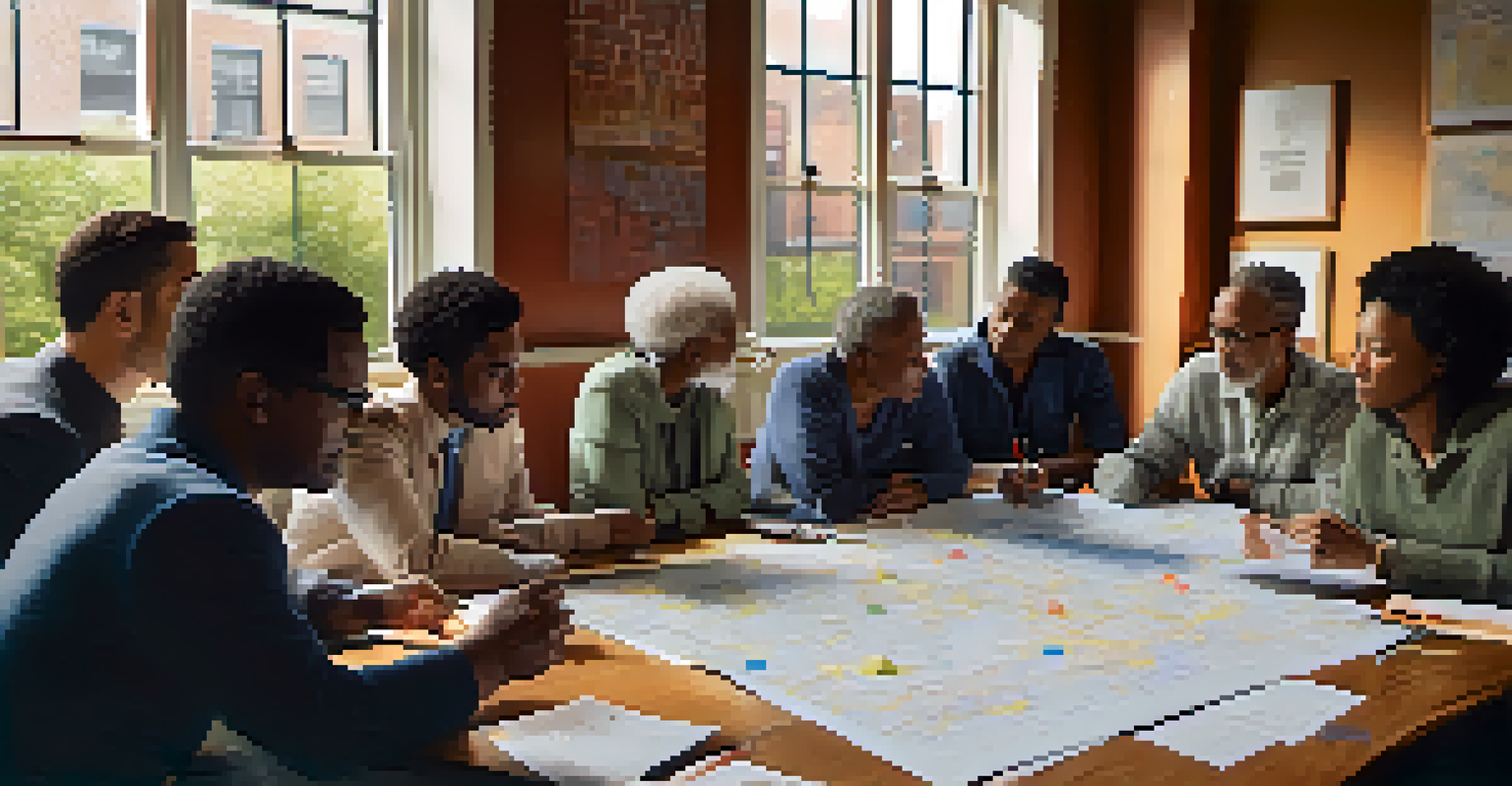 Residents and community leaders in a meeting, discussing plans with charts on the table, illuminated by natural light from a nearby window.