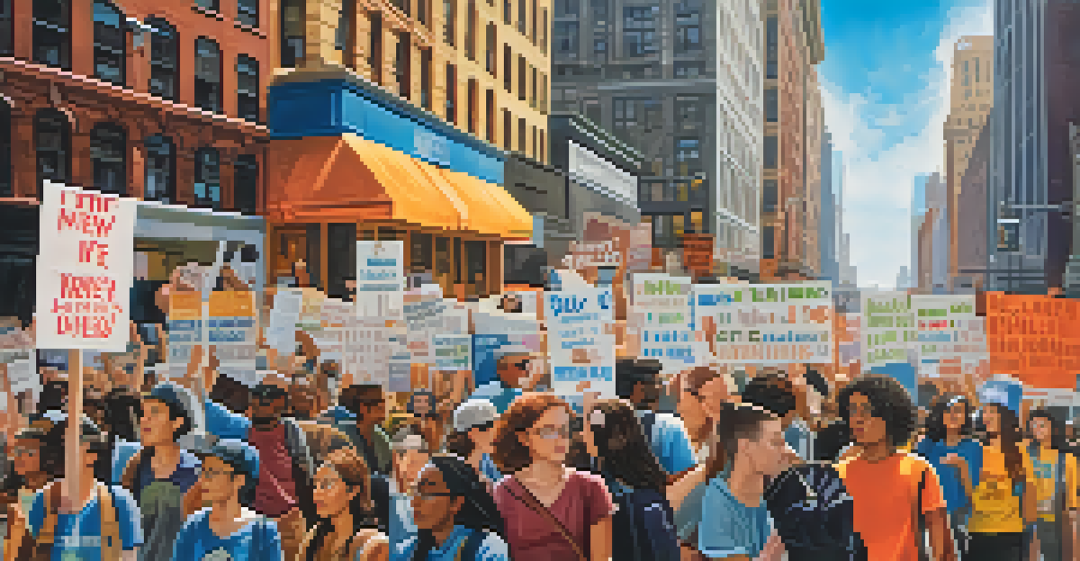 Young activists protesting for climate change in New York City, holding colorful signs in front of iconic buildings.