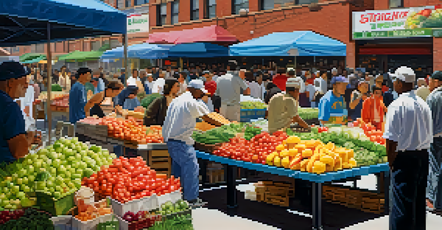 A lively food market in Queens, New York, with colorful stalls and a diverse crowd enjoying various cuisines.