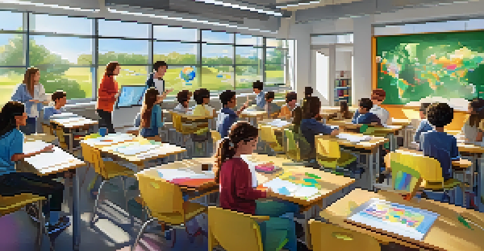 A modern classroom with students working together on a project, using advanced technology and bright natural light.