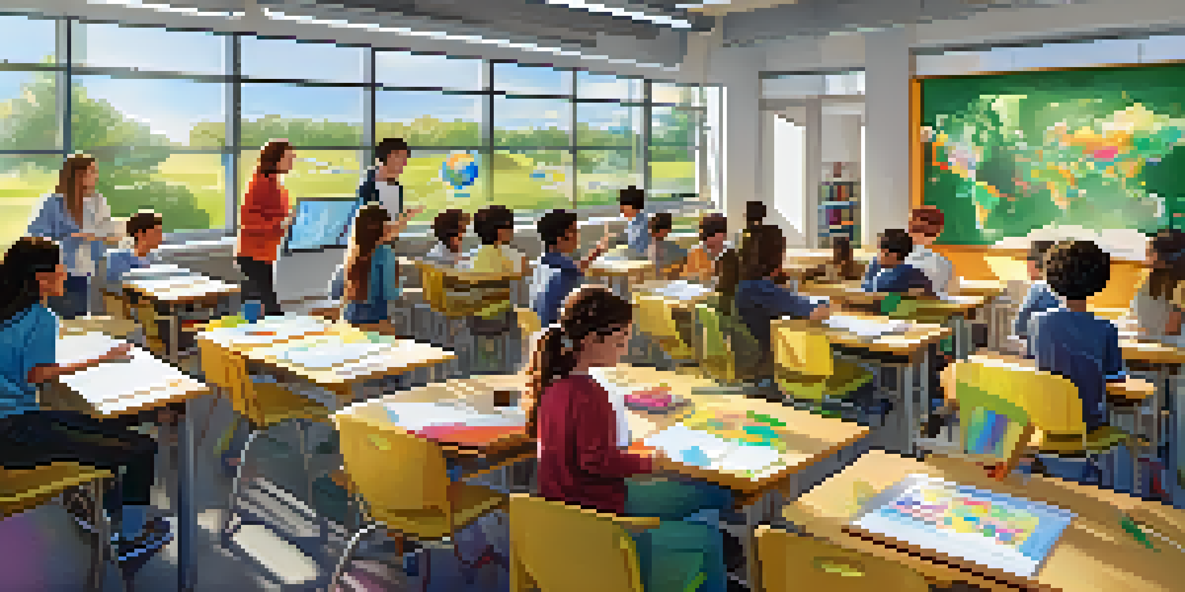 A modern classroom with students working together on a project, using advanced technology and bright natural light.