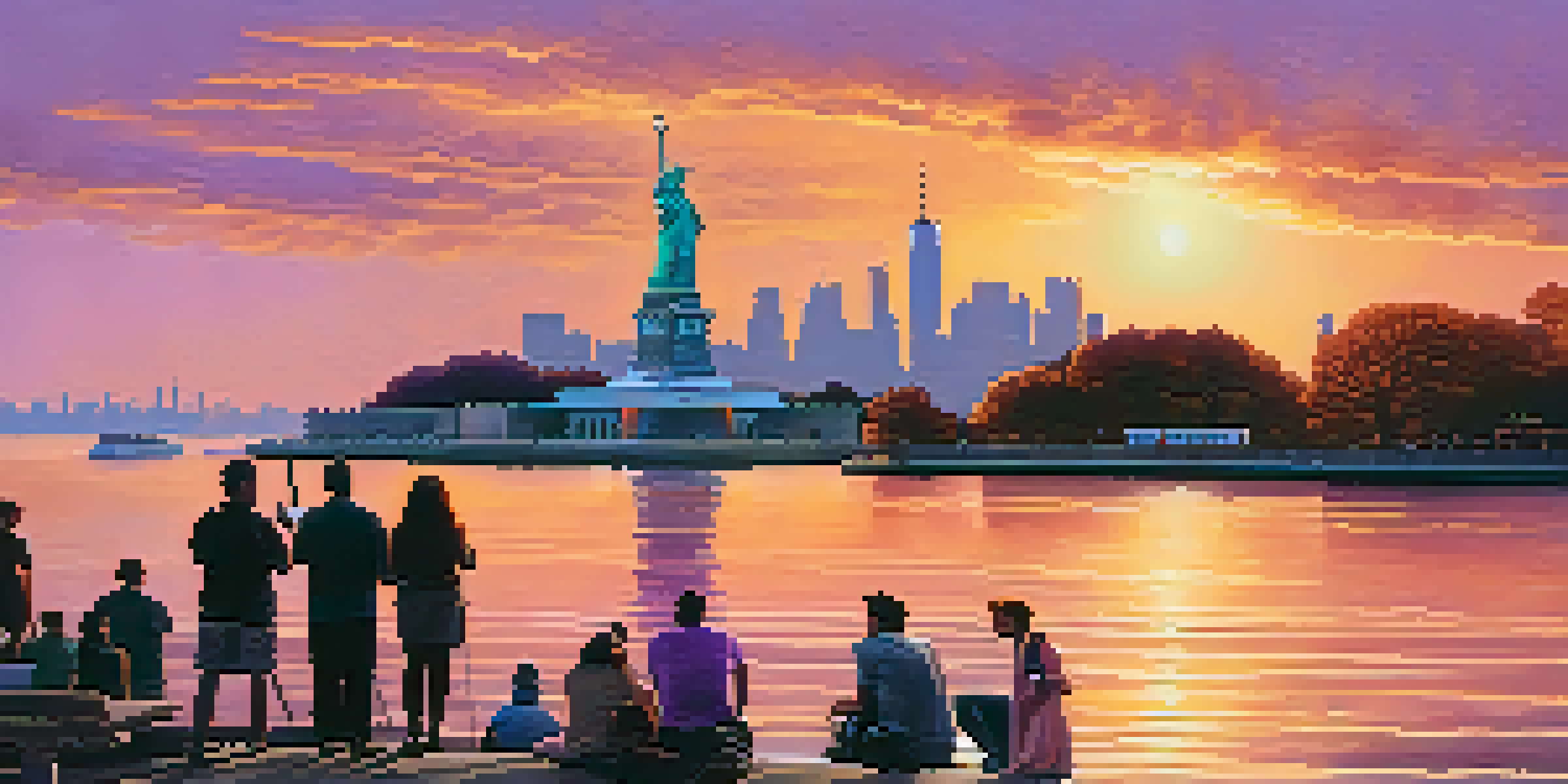 A sunset view of the Statue of Liberty with visitors in the foreground and the New York City skyline in the background.