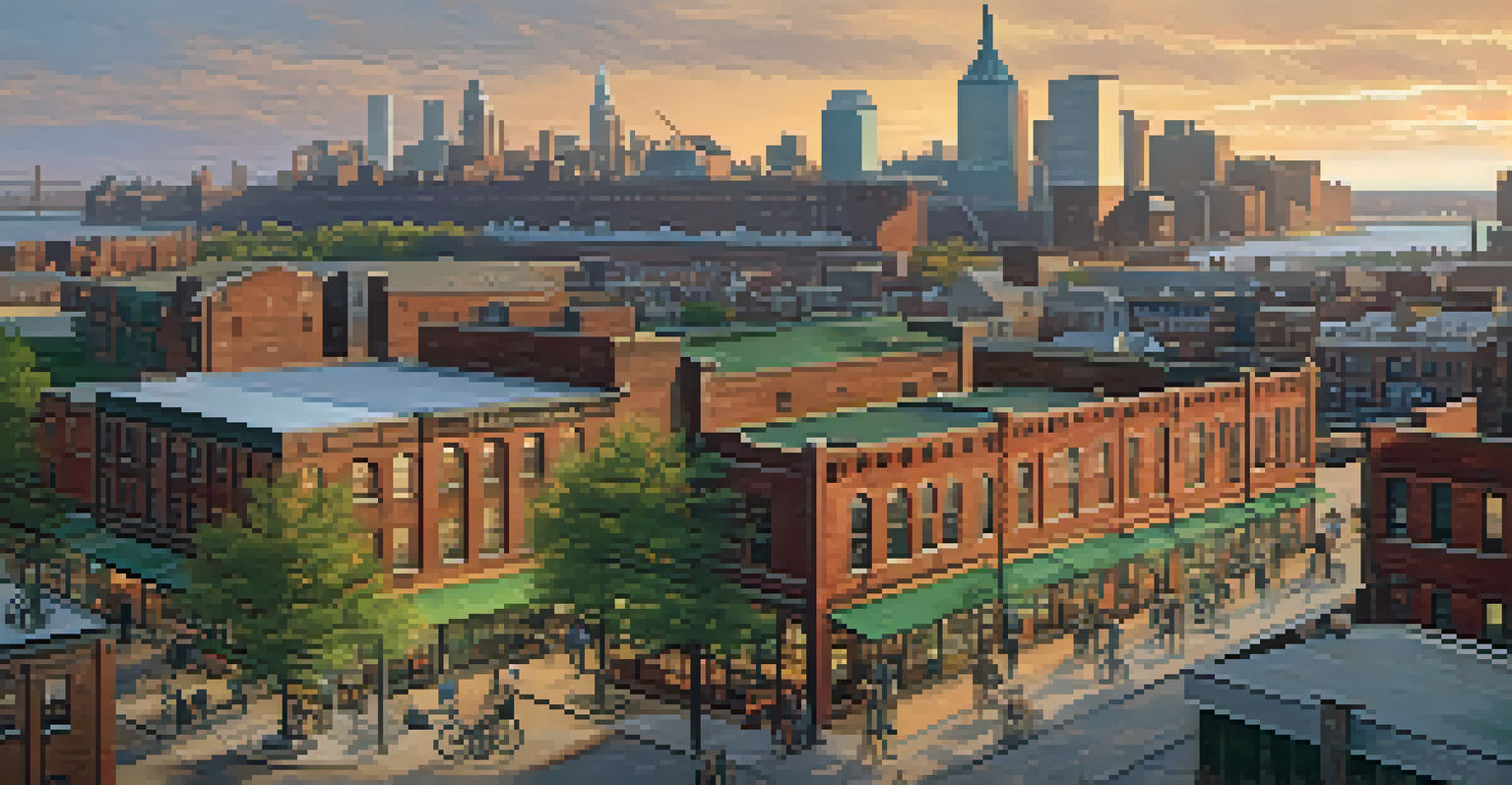Aerial view of Williamsburg showing industrial warehouses and modern buildings, with the East River and a sunset in the background.