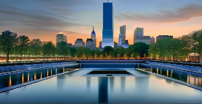 A peaceful dusk view of the National September 11 Memorial with softly lit reflecting pools and people in quiet reflection.