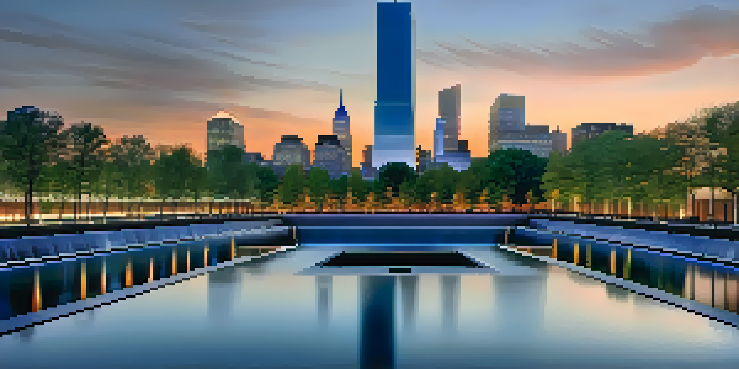 A peaceful dusk view of the National September 11 Memorial with softly lit reflecting pools and people in quiet reflection.