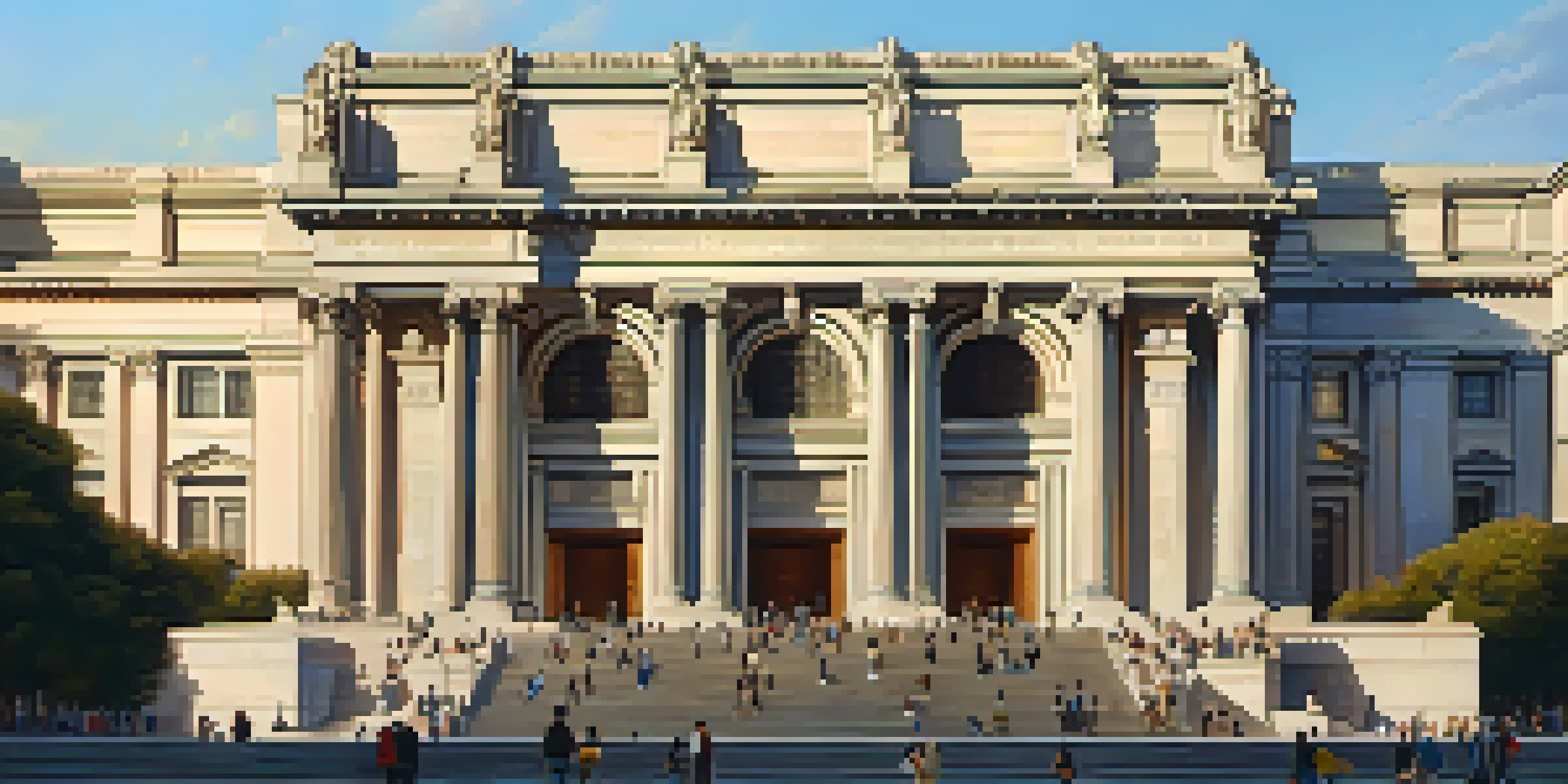The Metropolitan Museum of Art's façade at sunset, with visitors on the steps and a colorful sky.