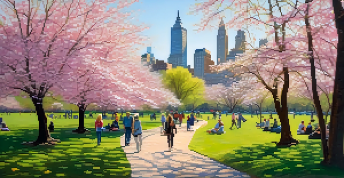 A beautiful spring day in Central Park with blooming cherry blossoms and visitors walking on the paths under soft sunlight.