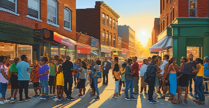 A diverse group of people gathered on a New York City street, engaging and smiling, with colorful street art and a sunset in the background.