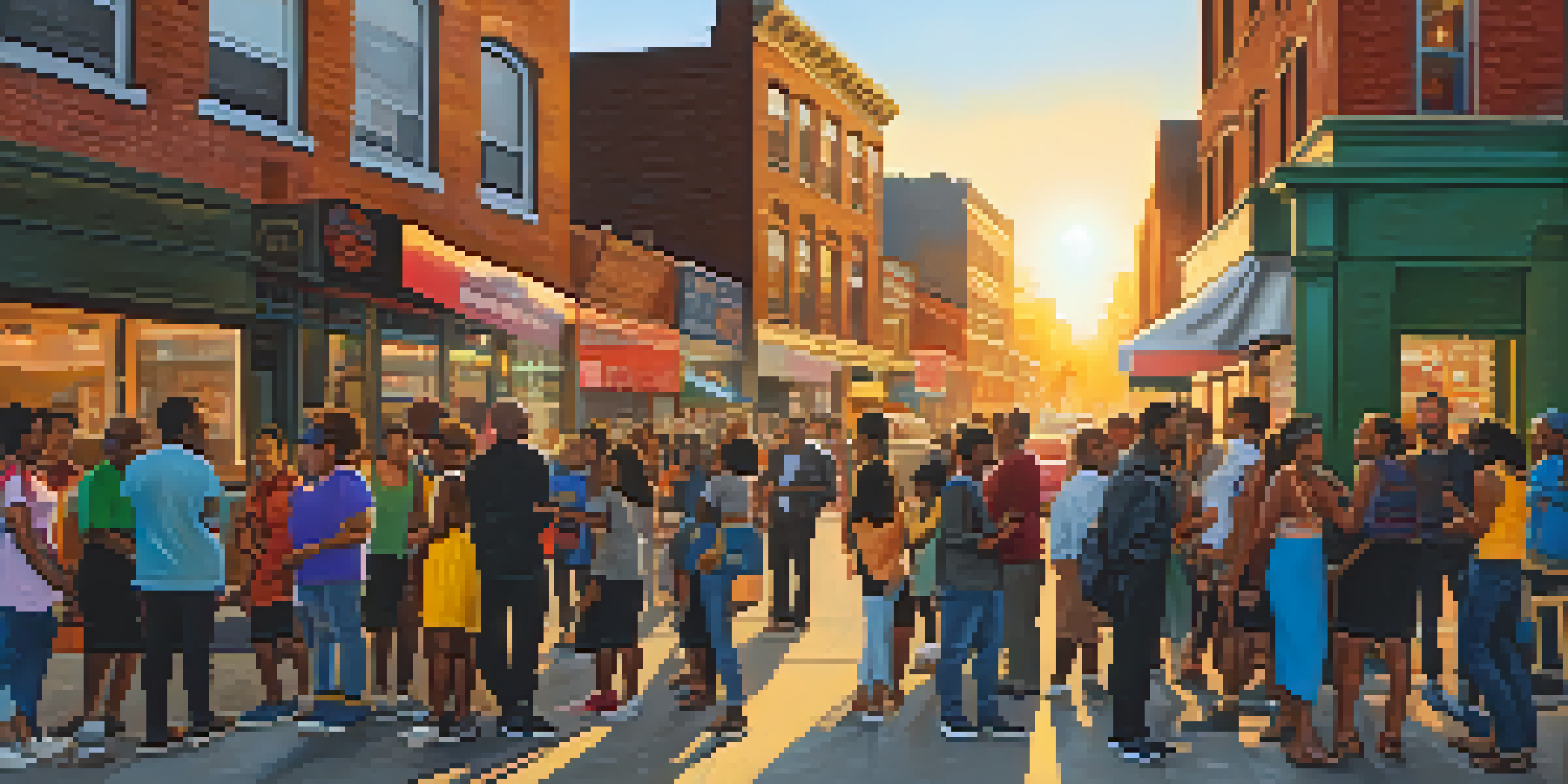 A diverse group of people gathered on a New York City street, engaging and smiling, with colorful street art and a sunset in the background.