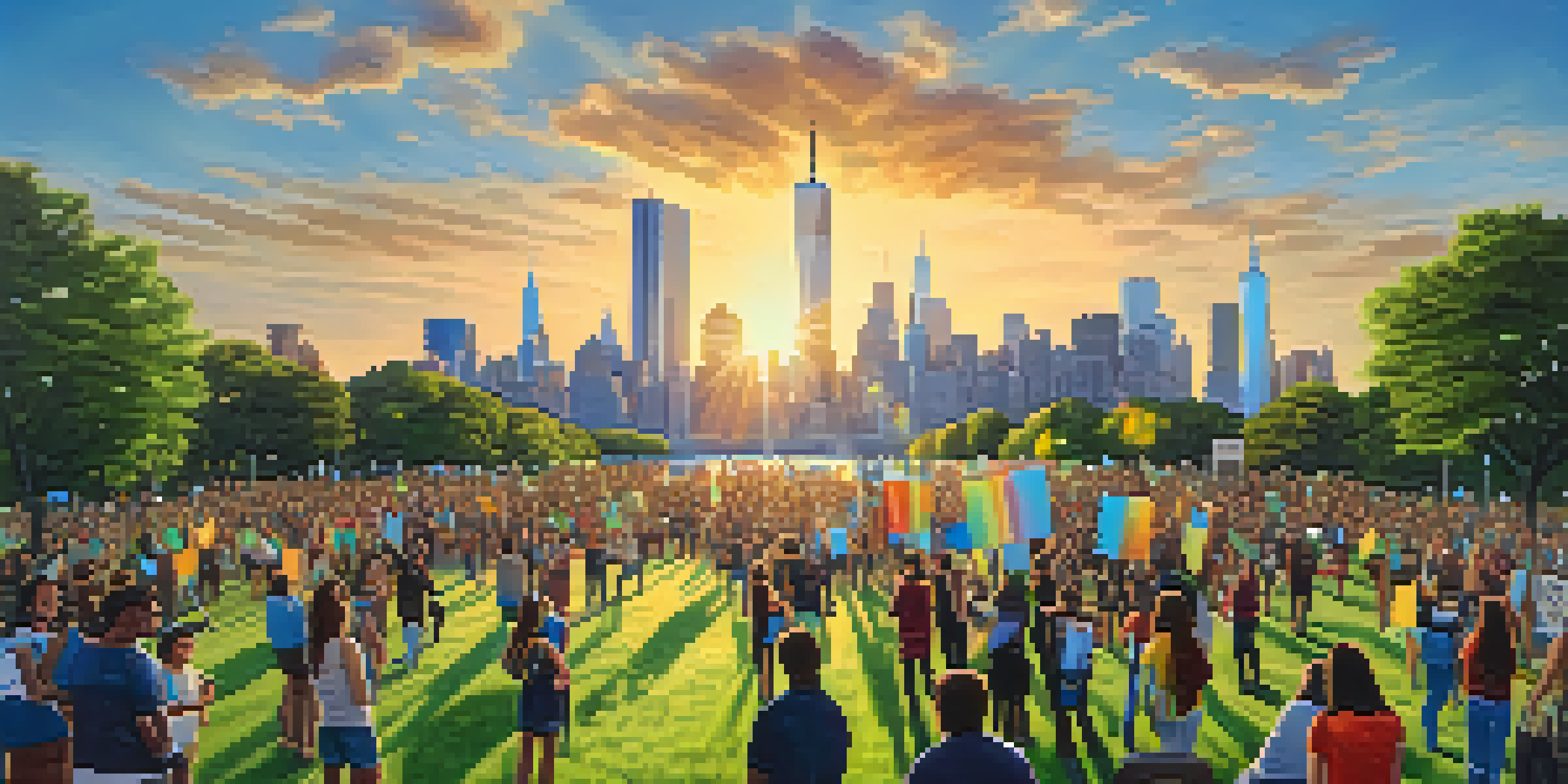A group of diverse young activists in a park in New York City, holding signs for climate action with the skyline in the background during sunset.