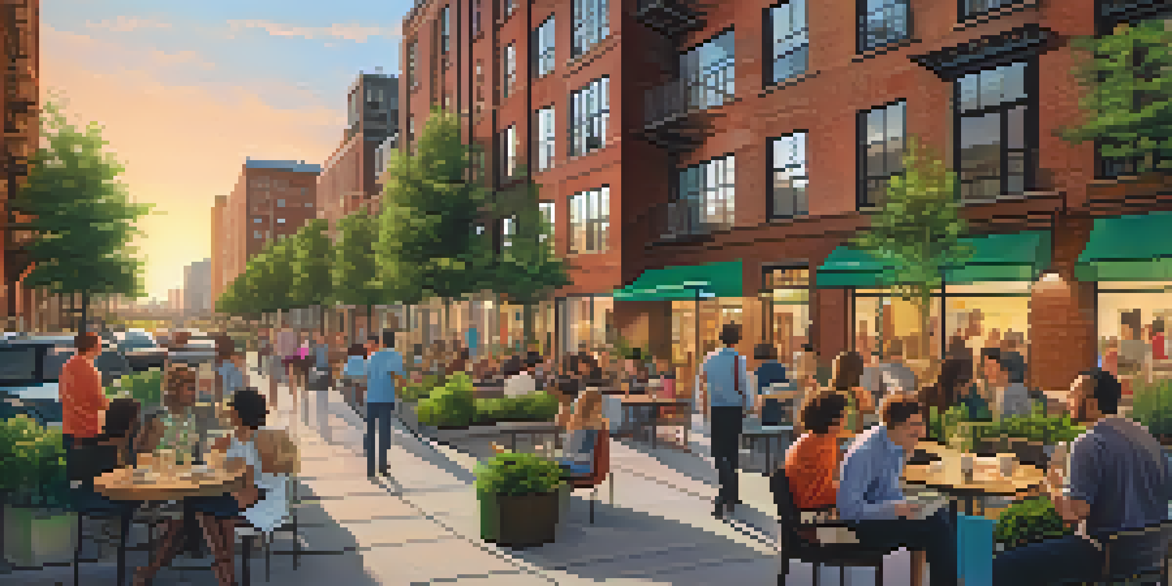 A busy New York City street with a modern multi-family housing complex, diverse residents, and outdoor seating areas during sunset.