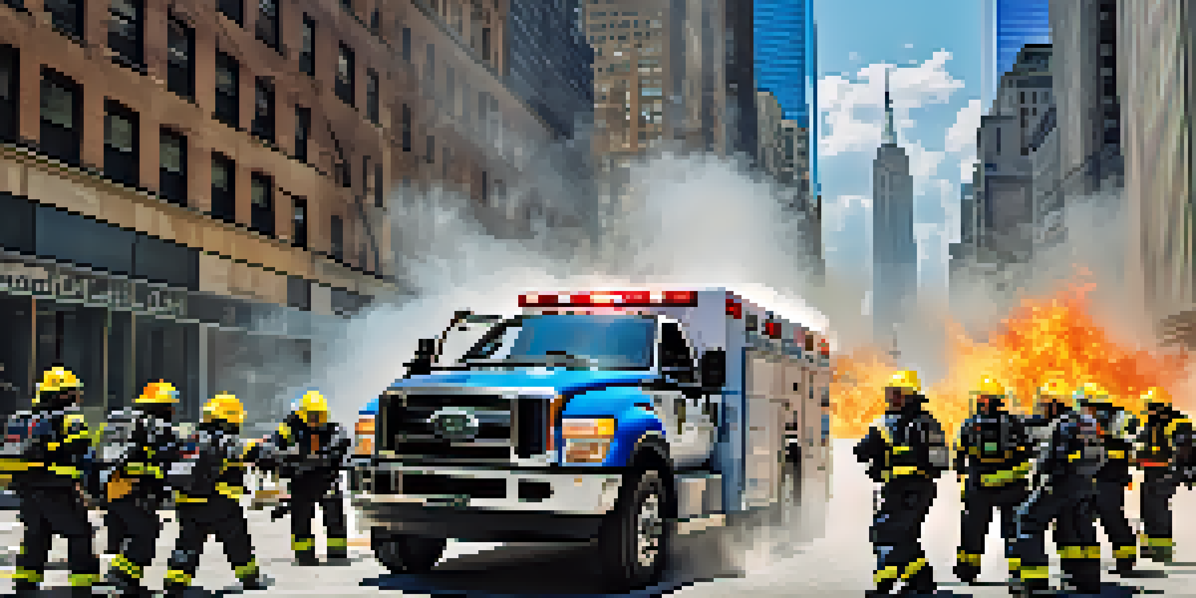 A diverse group of crisis response professionals in New York City coordinating during an emergency drill against a backdrop of skyscrapers.