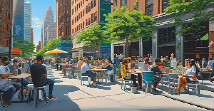 A busy New York City street filled with diverse people wearing masks, some working on laptops at a café, surrounded by skyscrapers and green trees.