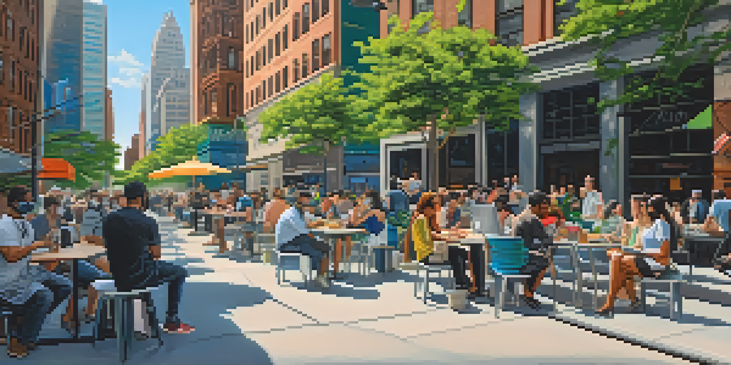 A busy New York City street filled with diverse people wearing masks, some working on laptops at a café, surrounded by skyscrapers and green trees.