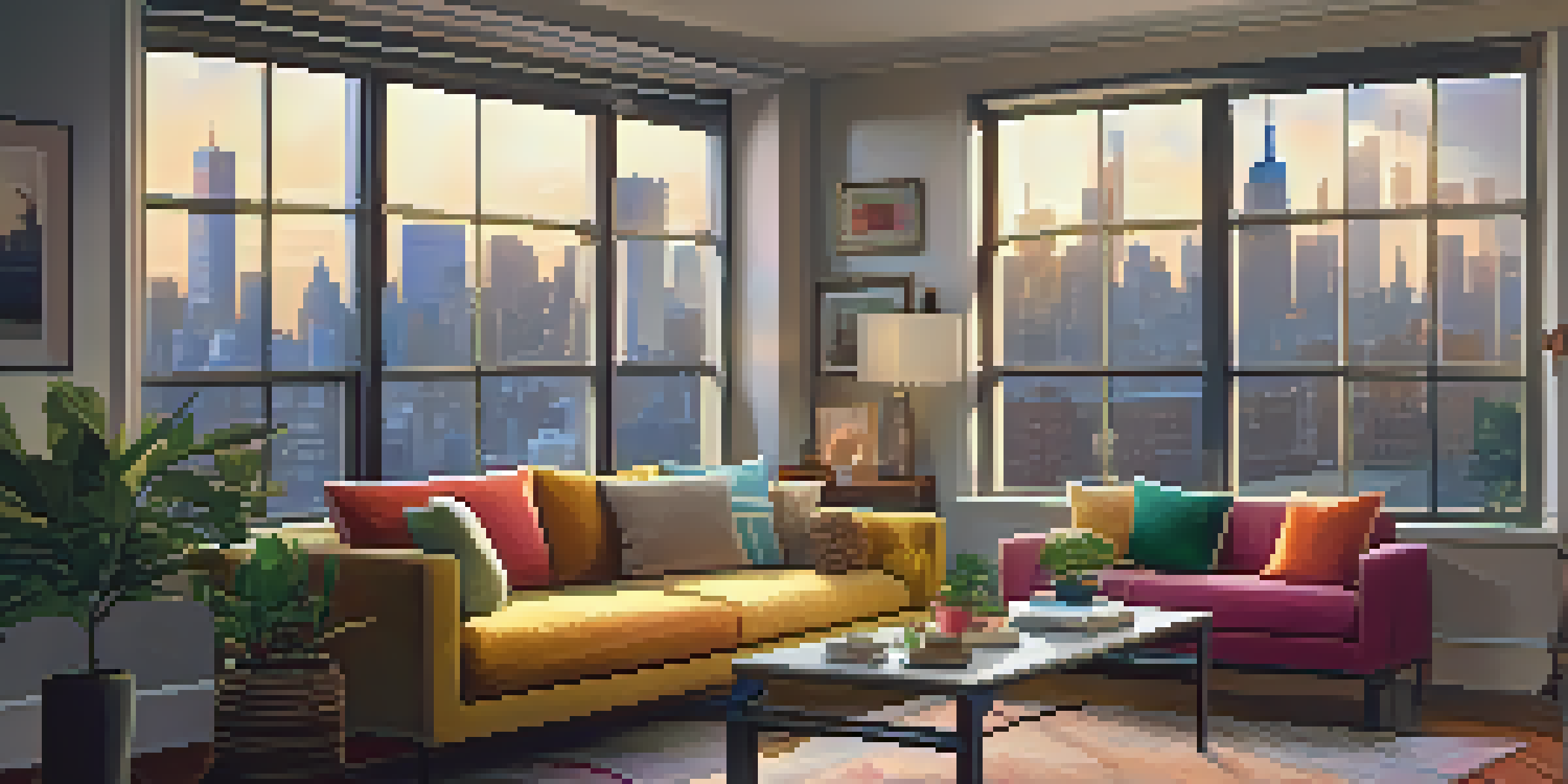 A warm and inviting living room in a New York City apartment with a view of the skyline, featuring a sofa, coffee table, and plants.