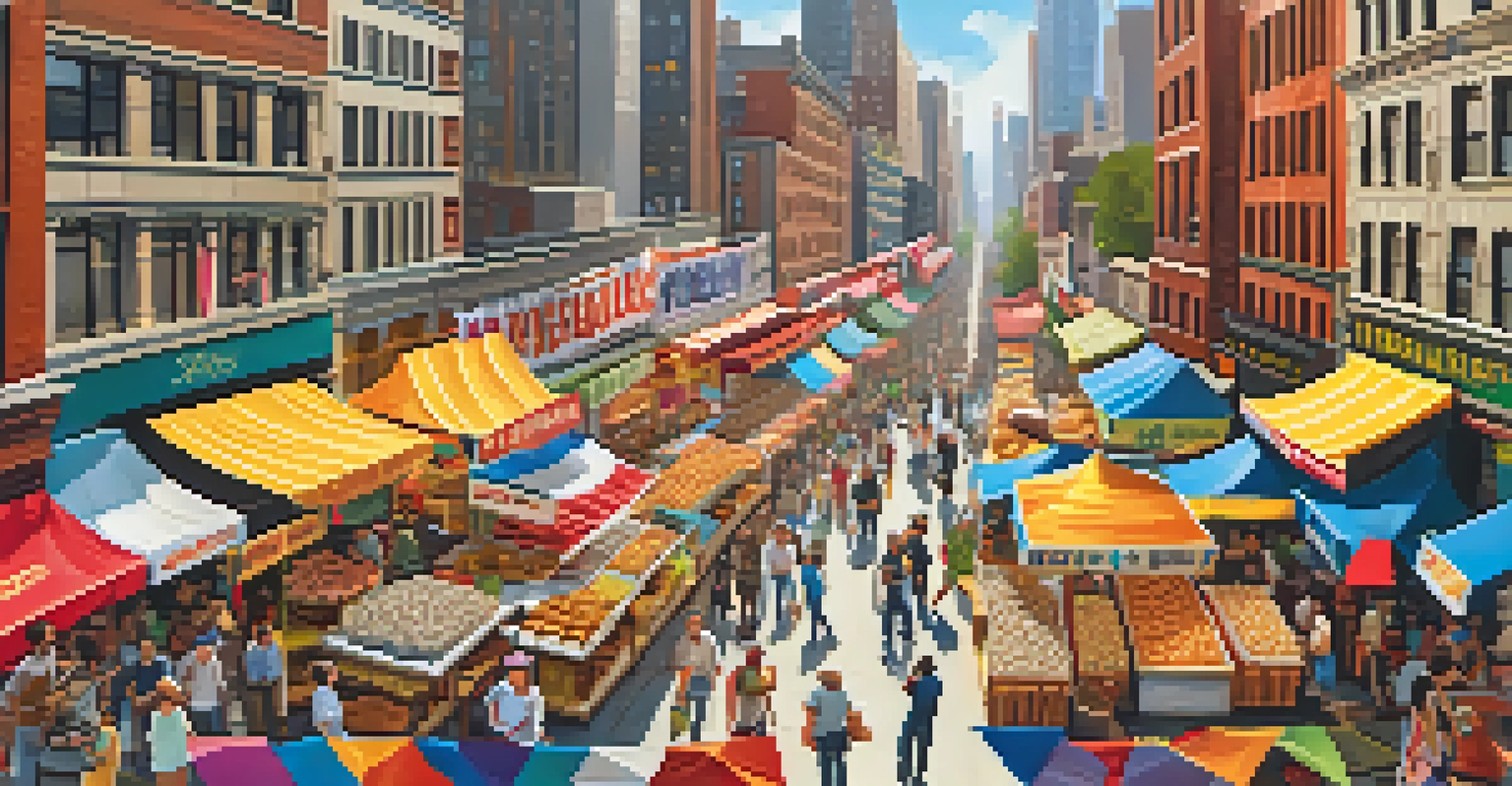 An aerial view of a cultural festival in New York City with food stalls and people enjoying various cuisines in a festive atmosphere.
