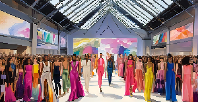 A lively fashion runway scene at NYC Fashion Week with diverse models and designers showcasing sustainable clothing in a colorful, vibrant atmosphere.
