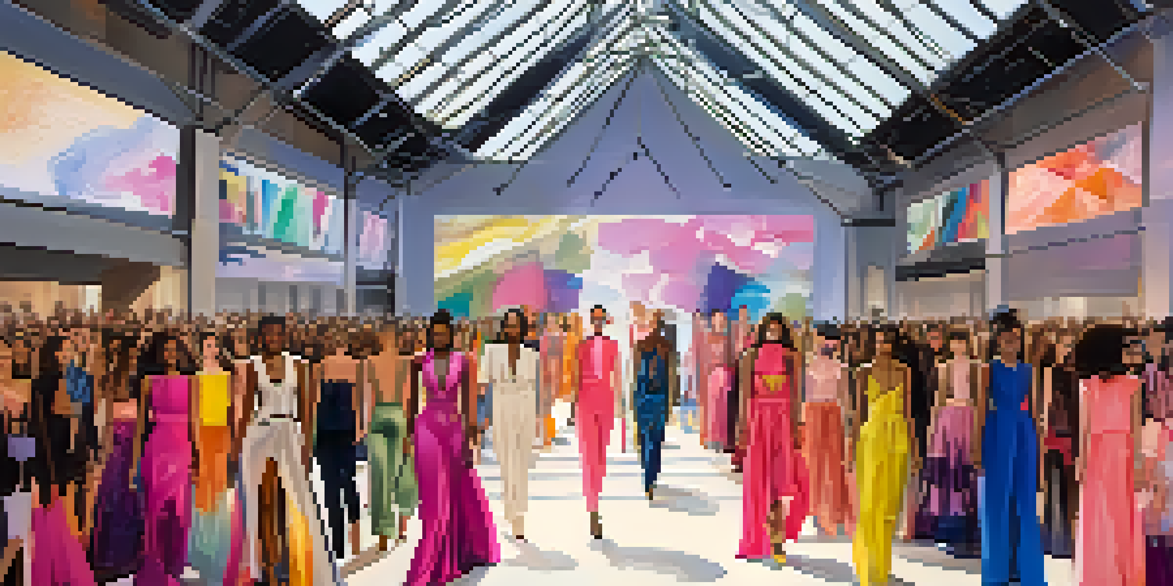 A lively fashion runway scene at NYC Fashion Week with diverse models and designers showcasing sustainable clothing in a colorful, vibrant atmosphere.