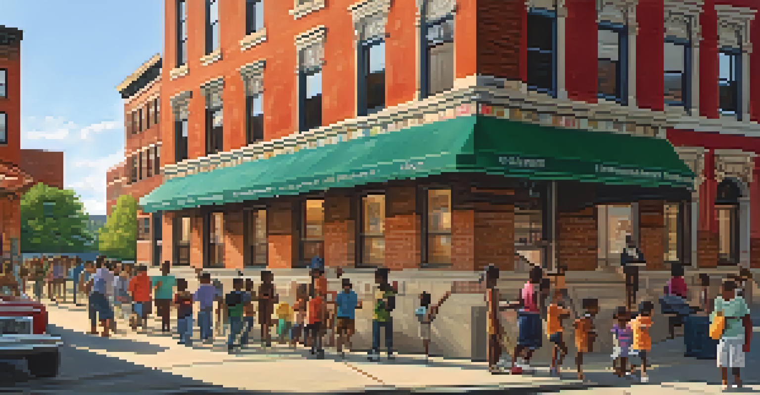 A restored historic building in the South Bronx adorned with murals, showcasing community members interacting in a vibrant, golden hour setting.