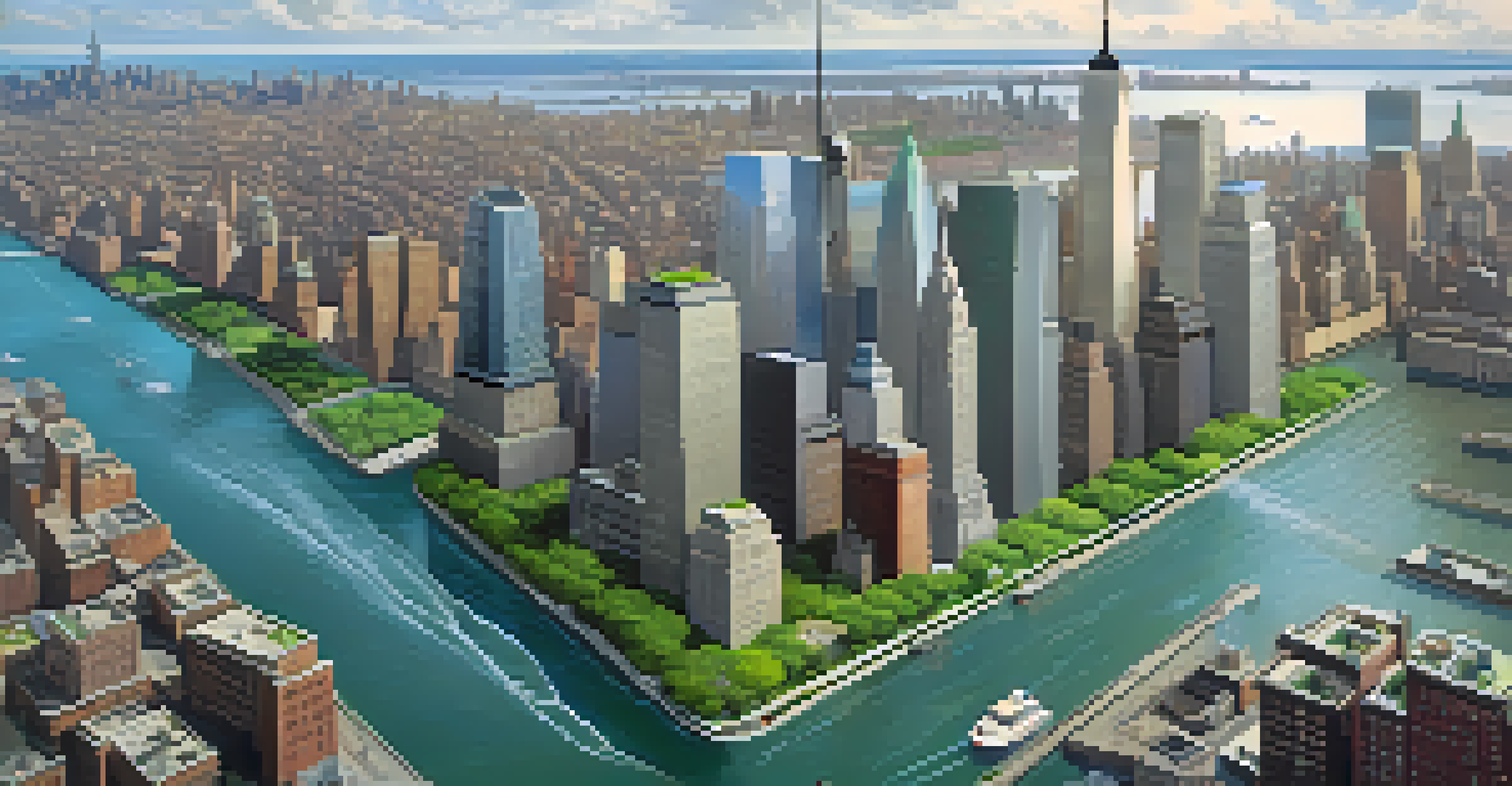 Aerial view of New York City highlighting green roofs and seawalls with smart sensors, under a cloudy sky.