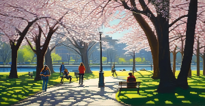 A tranquil New York City park in spring with cherry blossoms and diverse people enjoying the scene.
