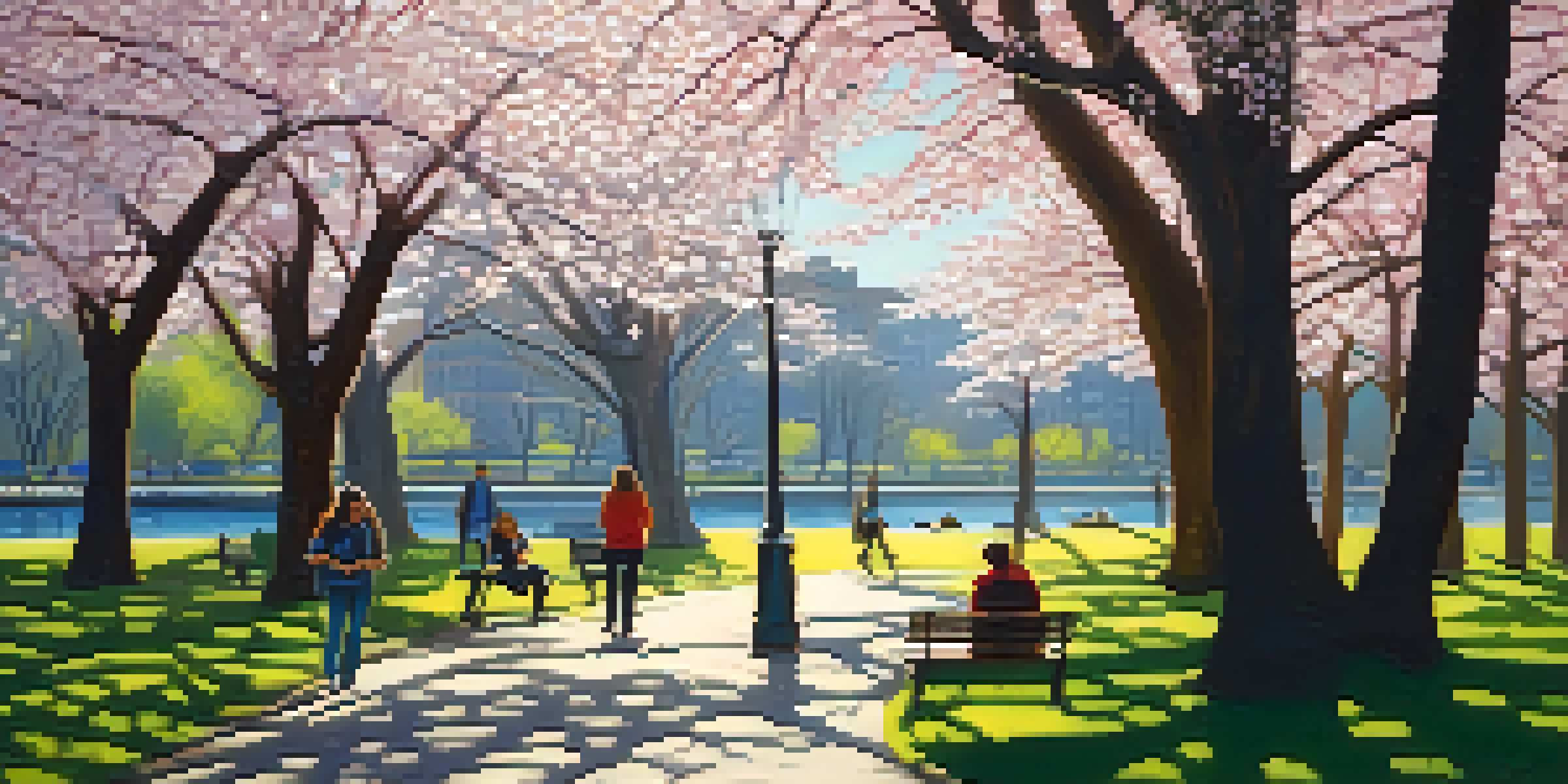 A tranquil New York City park in spring with cherry blossoms and diverse people enjoying the scene.