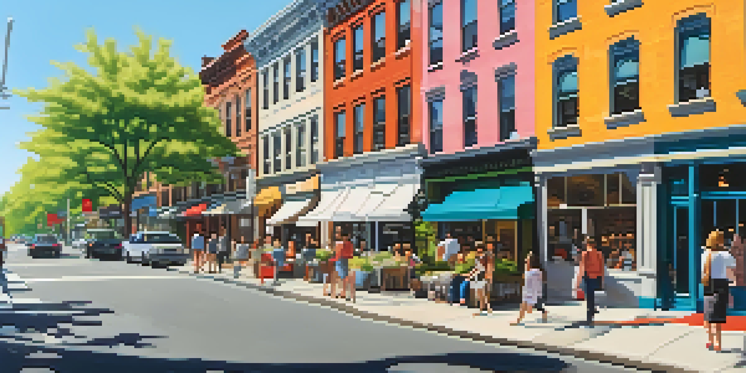 A busy street in New York City filled with people, showcasing a mix of modern and historic buildings, with colorful storefronts and blooming trees under a blue sky.