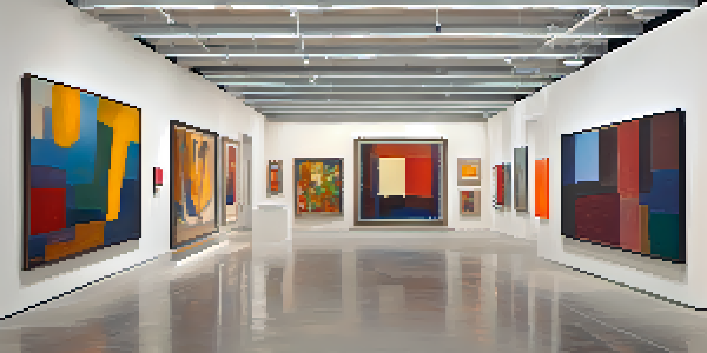 A modern art gallery showcasing expressionist artworks with colorful paintings and diverse visitors discussing art.