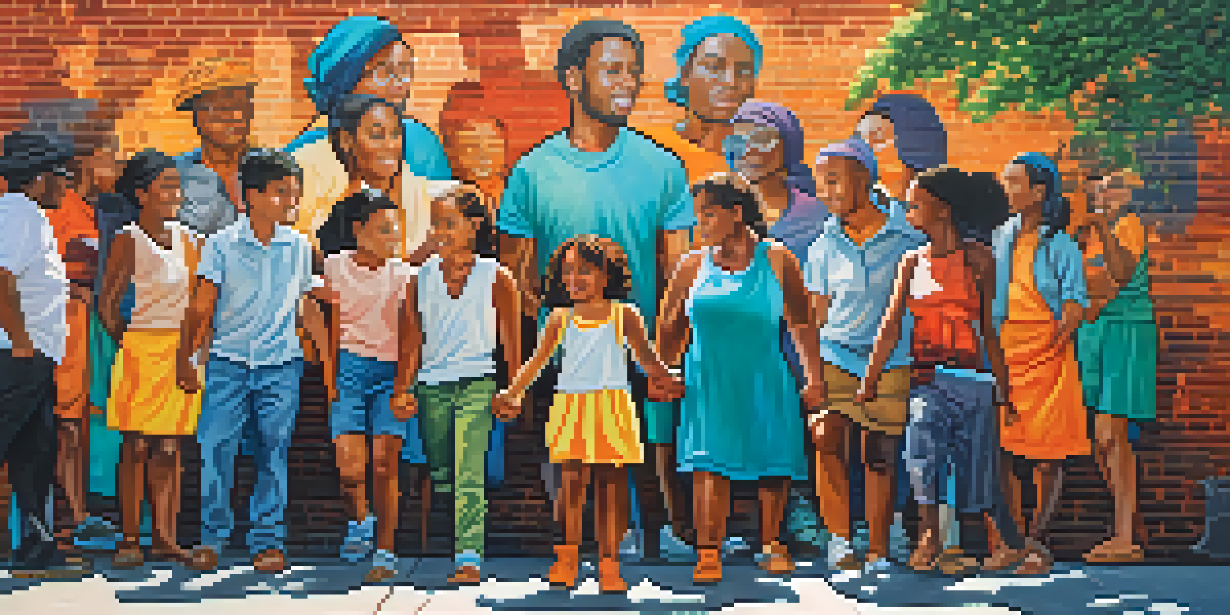 A colorful mural on a brick wall showing diverse people holding hands, with a busy street scene and soft sunlight.