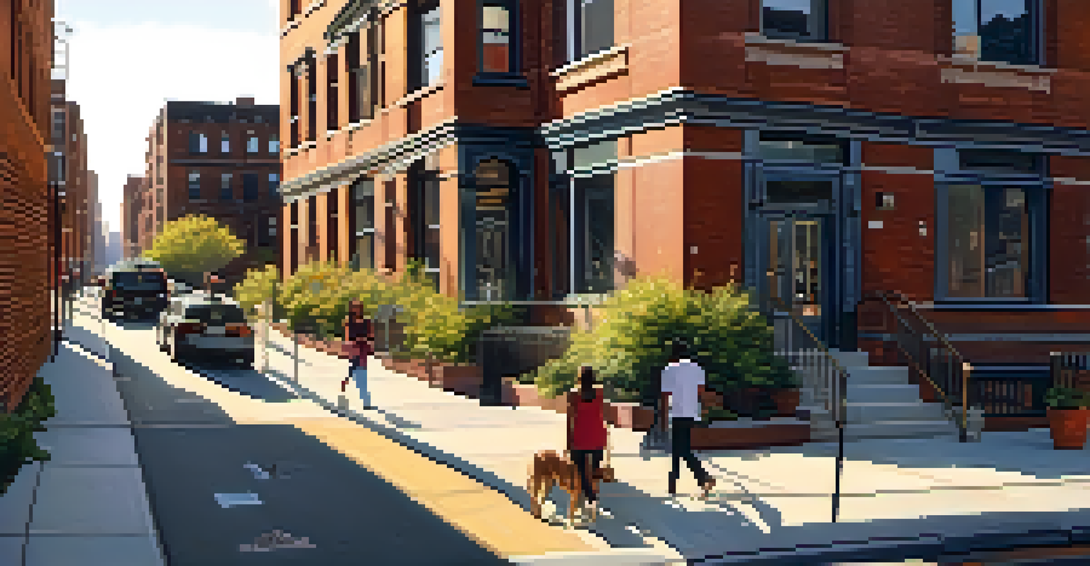A luxury apartment building in Manhattan next to a community center, with people interacting in the foreground, depicting the economic divide in NYC.