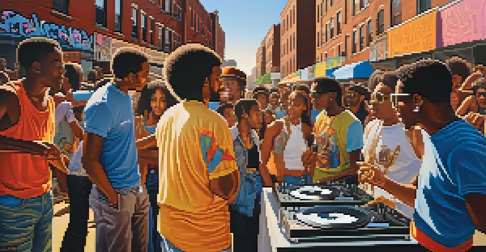 A lively block party in the South Bronx, with young people enjoying music and colorful graffiti in the background.