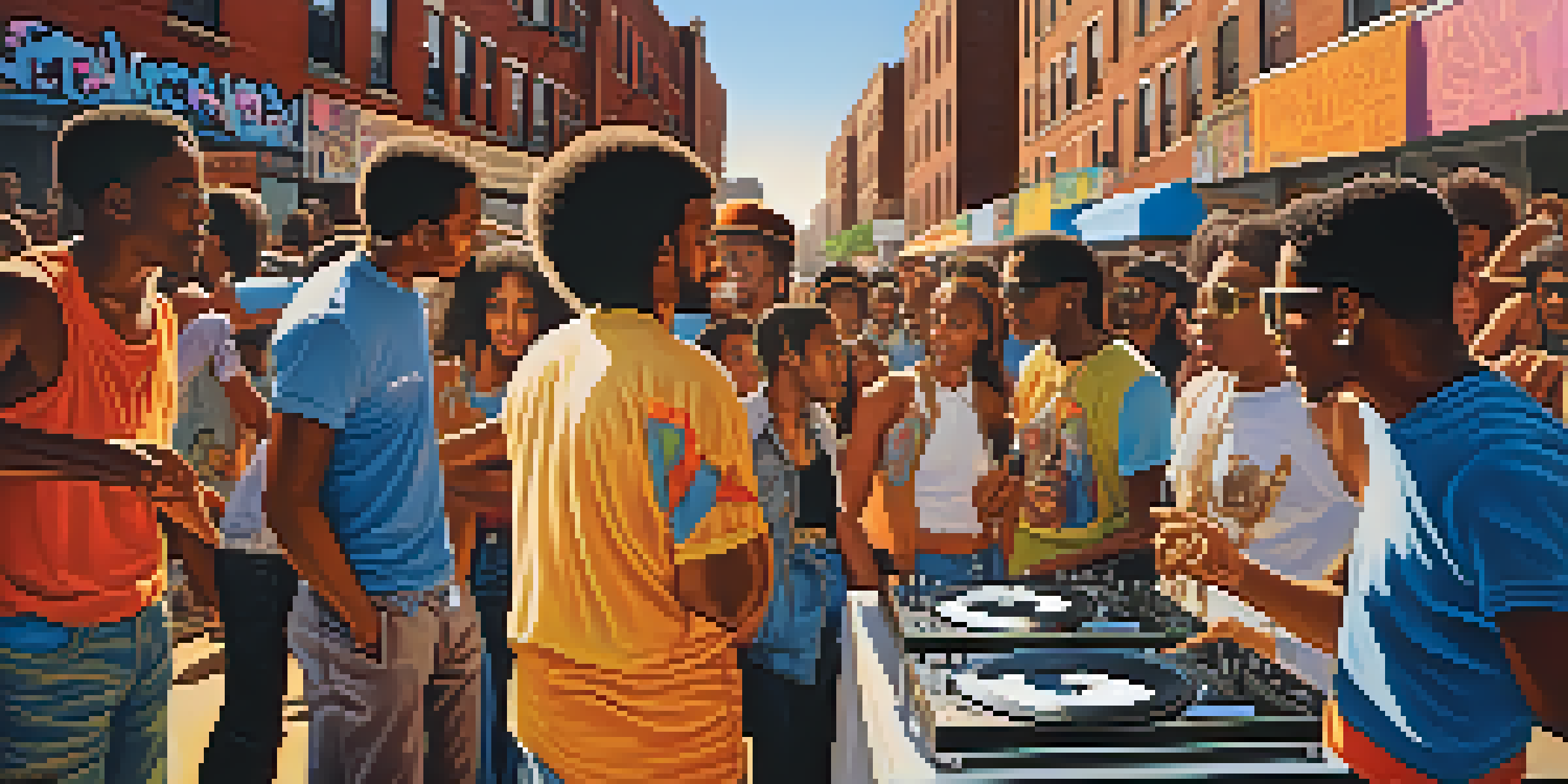 A lively block party in the South Bronx, with young people enjoying music and colorful graffiti in the background.