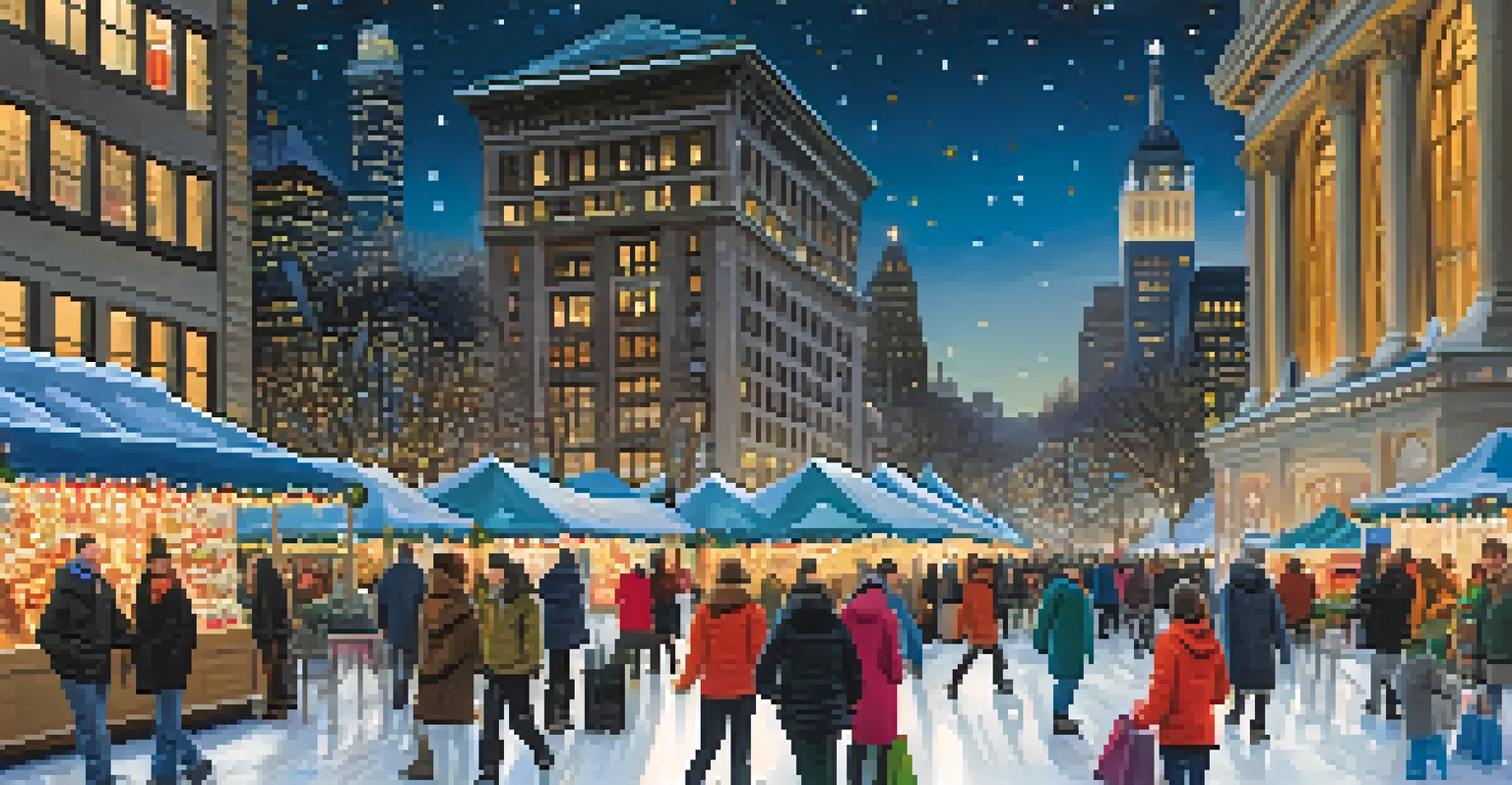 A winter market in Bryant Park filled with twinkling lights, shoppers, and ice skaters under a starry night sky.